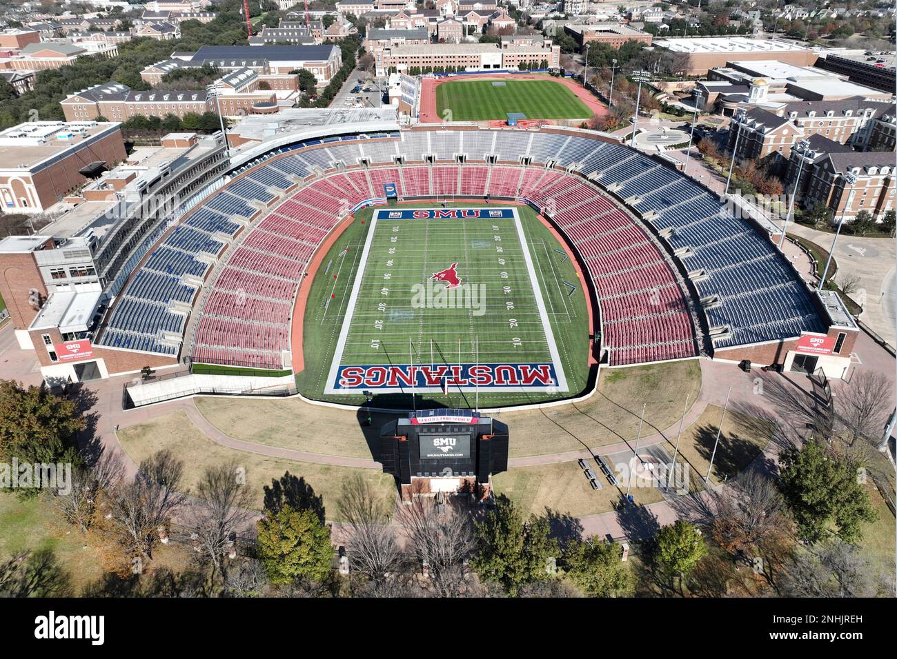 A general overall aerial view of Gerald J. Ford Stadium (foreground) and the Washburne Soccer