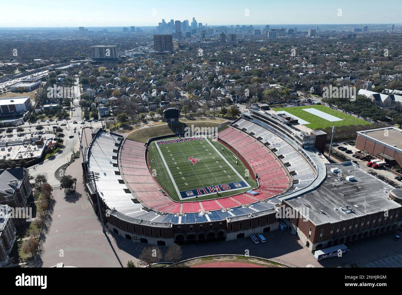 A general overall aerial view of Gerald J. Ford Stadium at Southern Methodist University