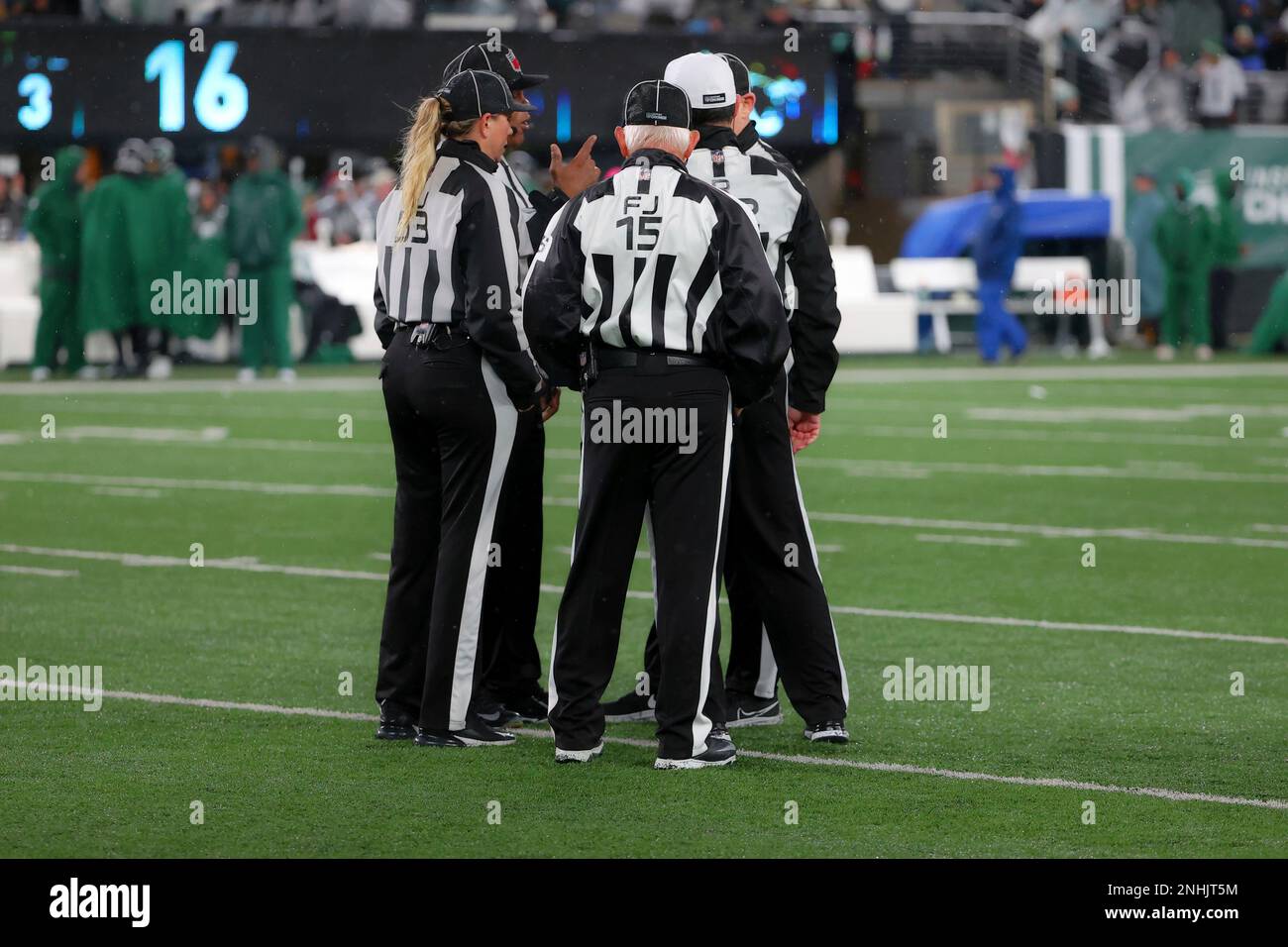EAST RUTHERFORD, NJ - DECEMBER 22: The Officials huddle during the National  Football League game between the New York Jets and the Jacksonville Jaguars  on December 22, 2022 at MetLife Stadium in