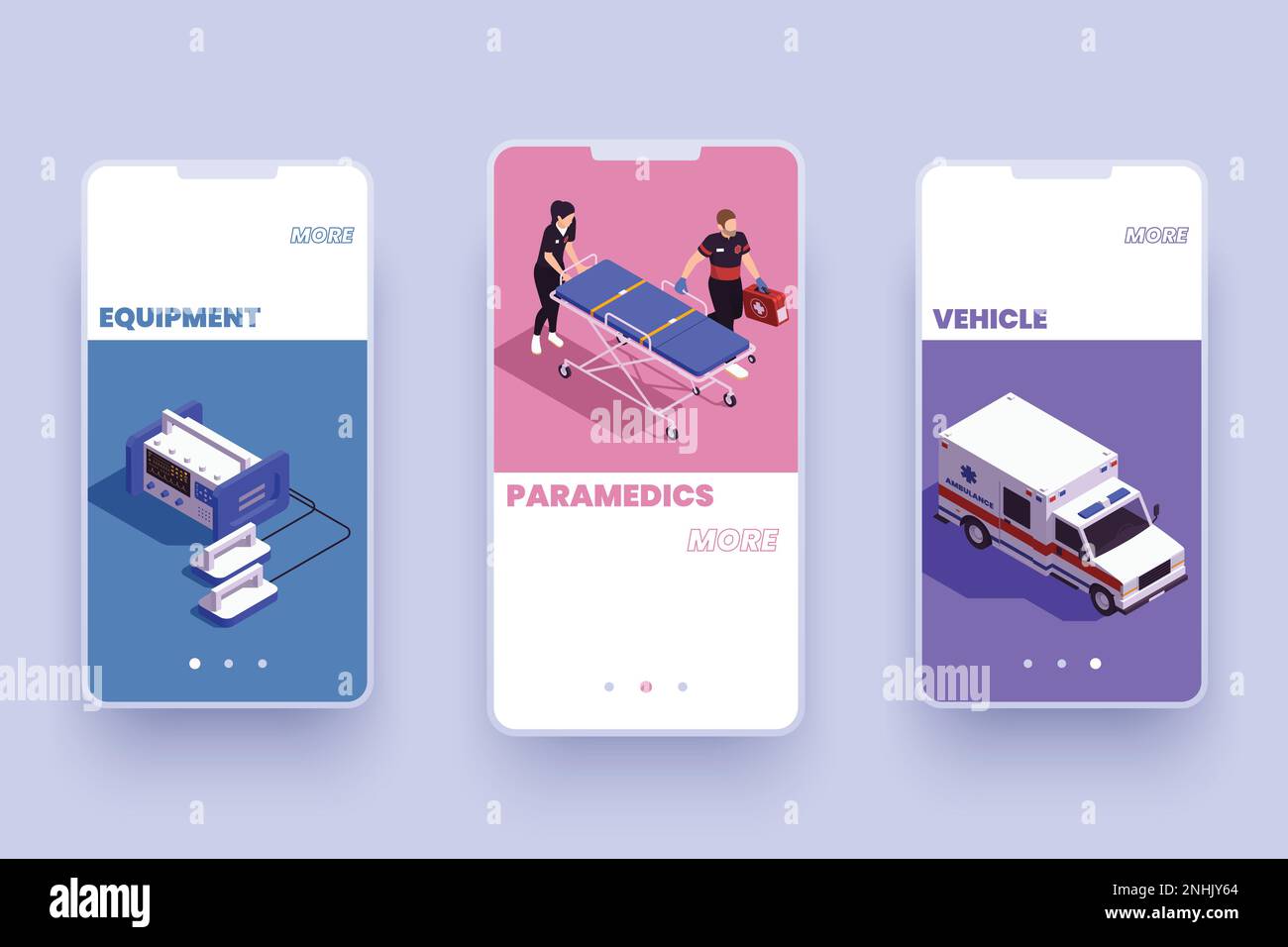 Ambulance mobile app isometric background with three smartphone screens