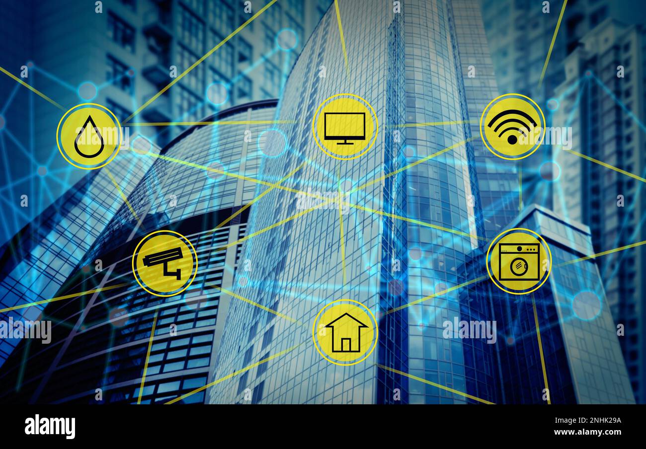 Virtually Every Building Reference: Different Virtual Icons And Modern Buildings On Background Smart City