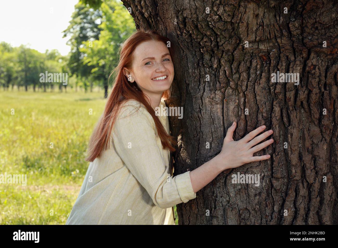 Beautiful woman hugging tree trunk in forest Stock Photo - Alamy