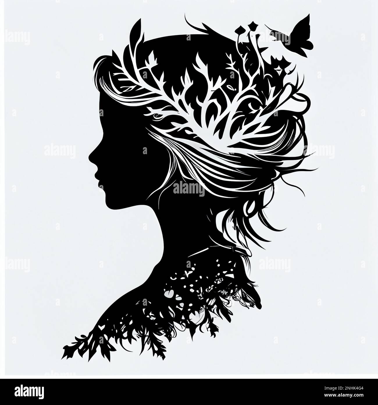 Silhouette of queen face or head side view. Elegant female character
