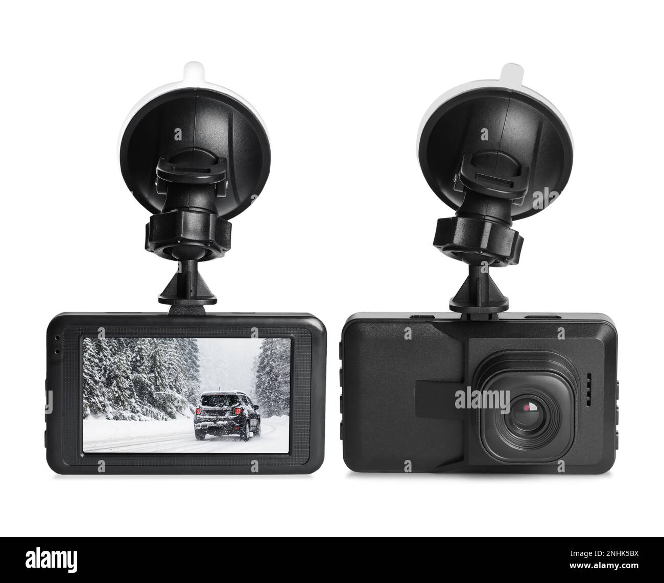 Modern car dashboard cameras on white background in collage, one with