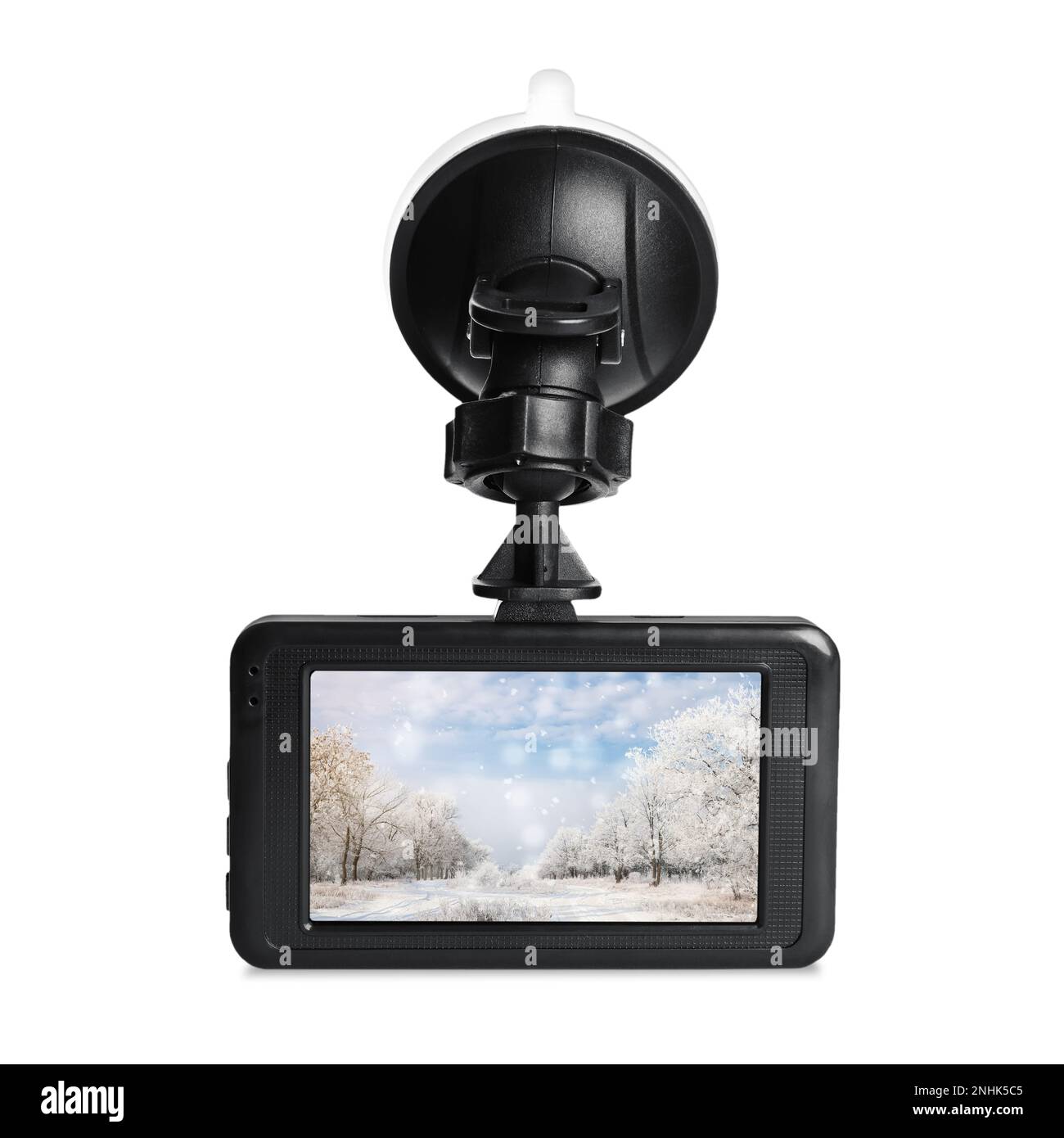 Modern car dashboard camera with photo of snowy road on screen against white background Stock Photo