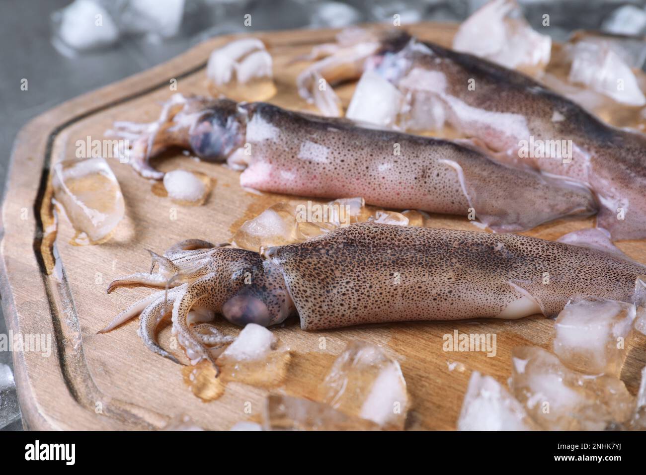 Fresh raw squids with ice on table, closeup Stock Photo