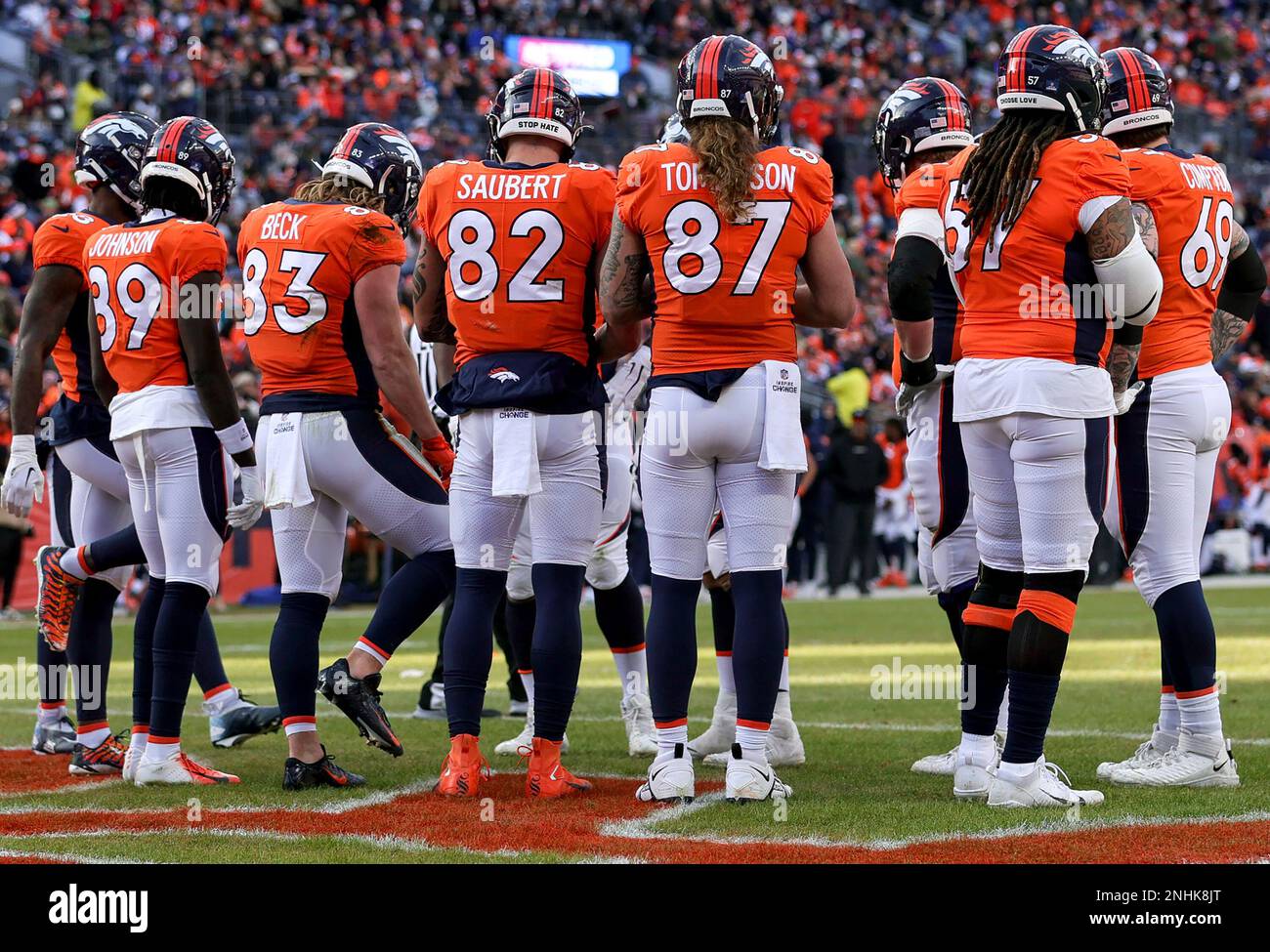 DENVER, CO - DECEMBER 18: The Denver Broncos offense gets ready for a play  during an NFL game between the Arizona Cardinals and the Denver Broncos on December  18, 2022 at Empower