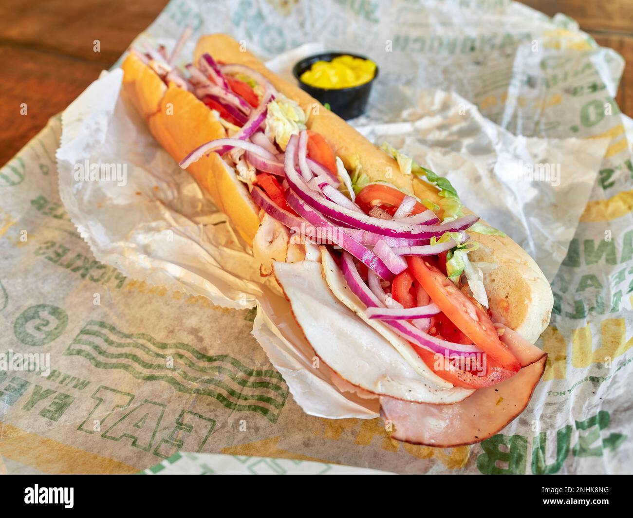 Submarine or sub sandwich, hoagie or grinder ready to eat lunch from