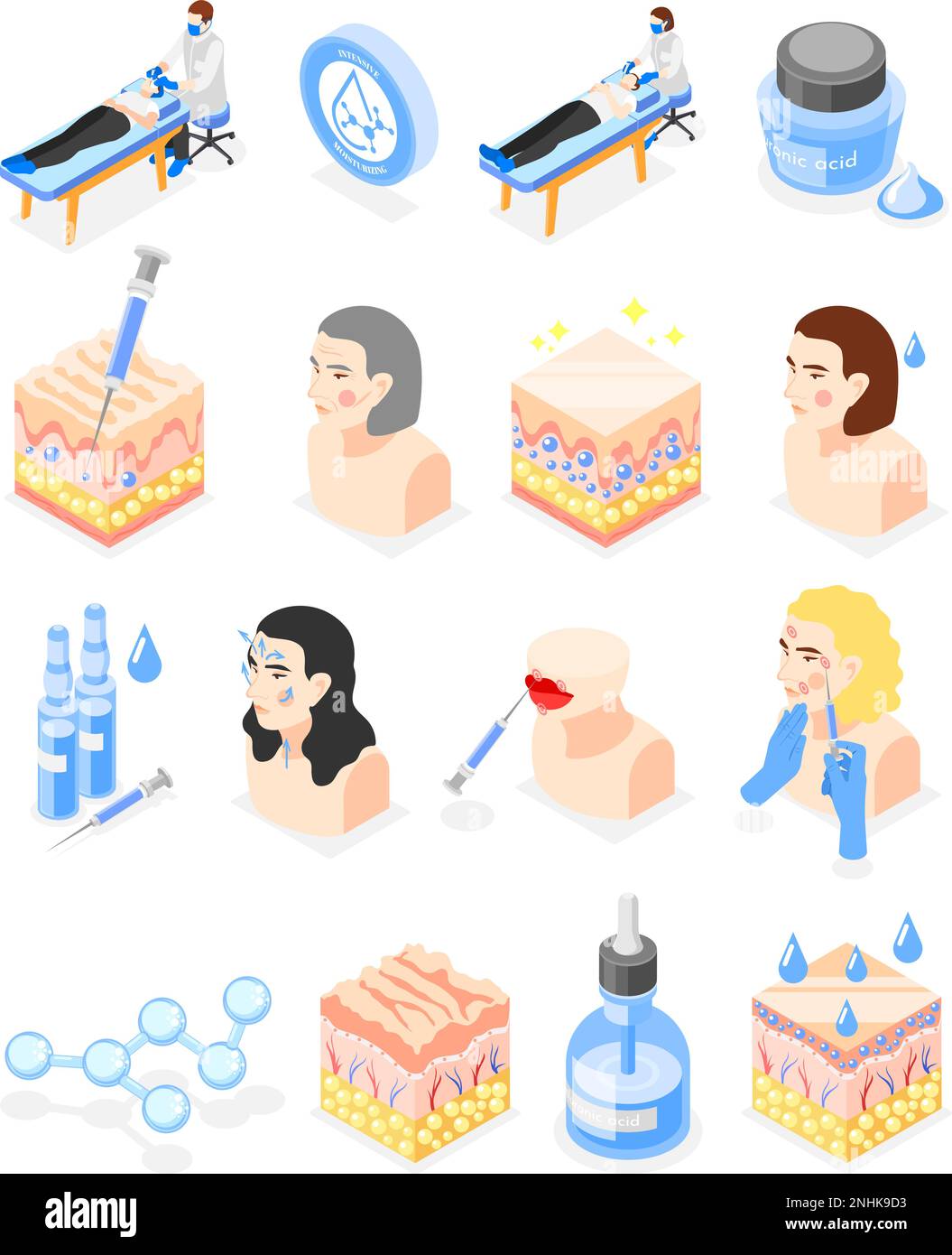 Hyaluronic acid isometric icons collection with isolated female characters skin structure patterns syringe vials and doctors vector illustration Stock Vector