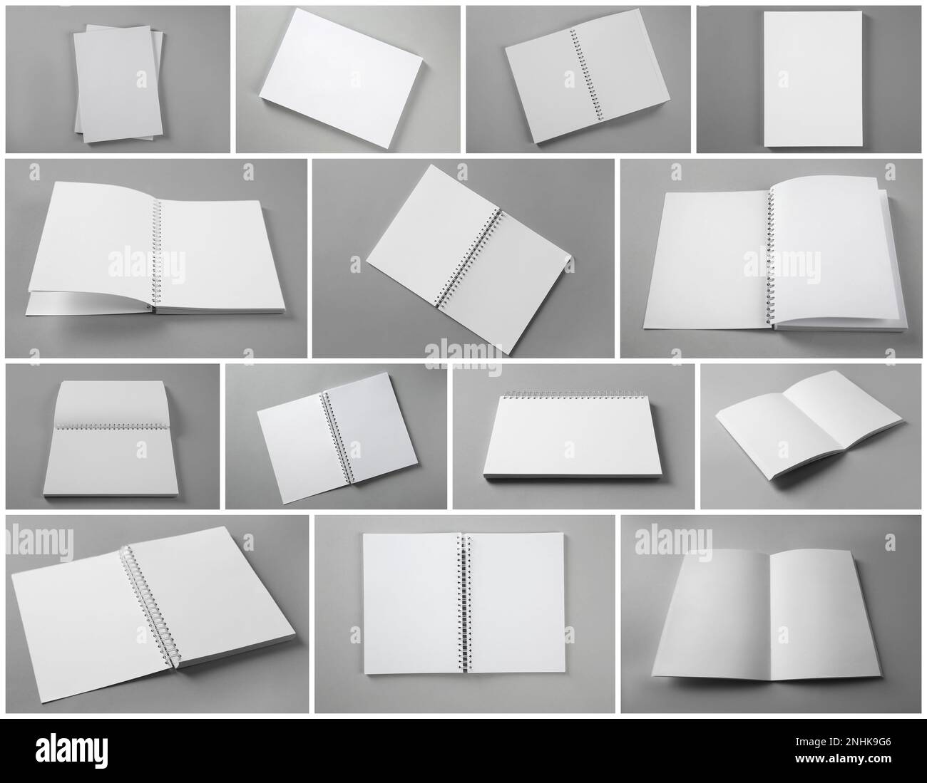 Open blank brochures on grey background, collage Stock Photo Alamy