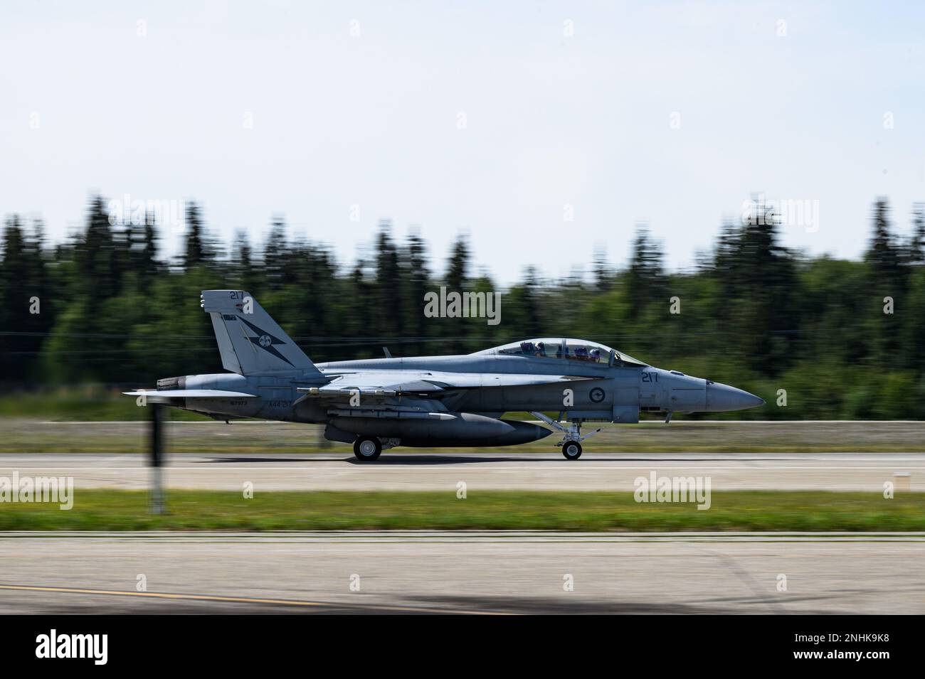 A Royal Australian Air Force F/A-18F Super Hornet takes off during RED FLAG-Alaska 22-3 on Eielson Air Force Base, Alaska, July 29, 2022. RF-A serves as an ideal platform for international engagement, enabling the exchange of tactics, techniques and procedures while improving interoperability to maintain a free and open Indo-Pacific. Stock Photo