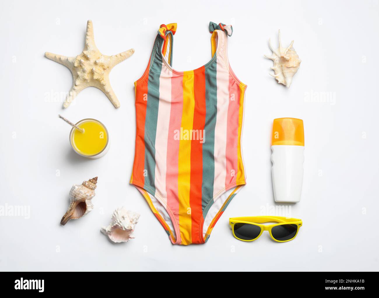 Flat lay composition with beach objects on white background Stock Photo