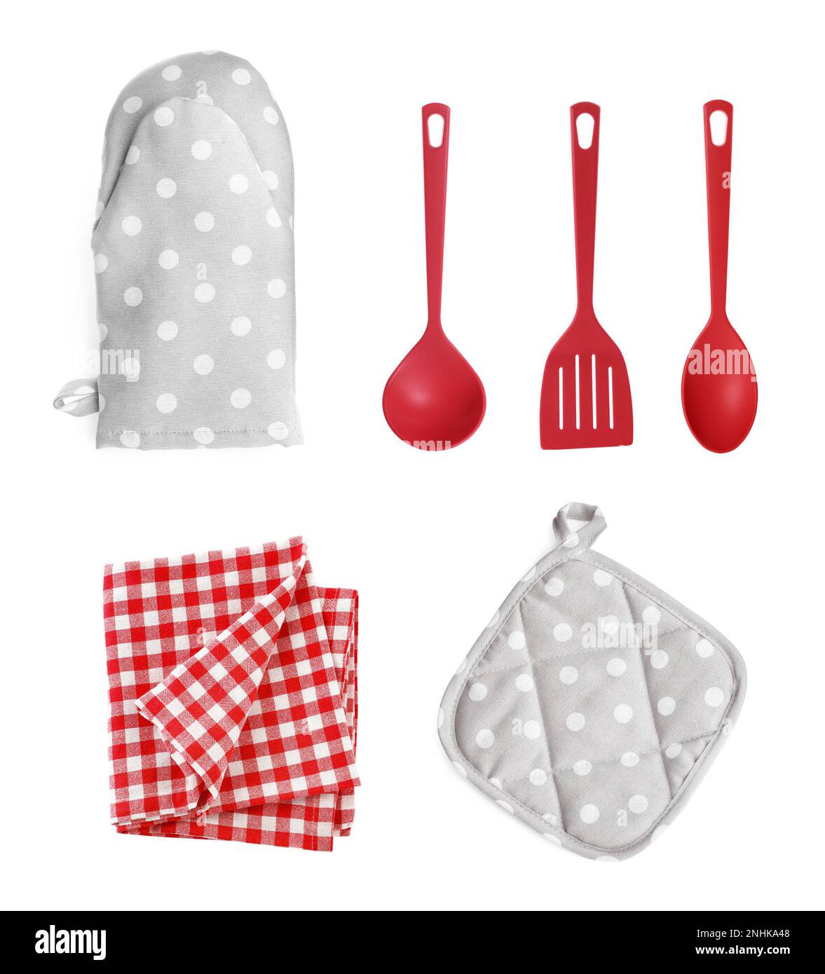 Set with different kitchen utensils and oven glove on white background ...