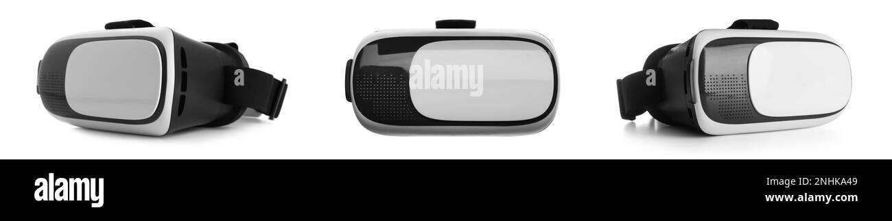 Modern virtual reality headsets on white background. Banner design Stock Photo