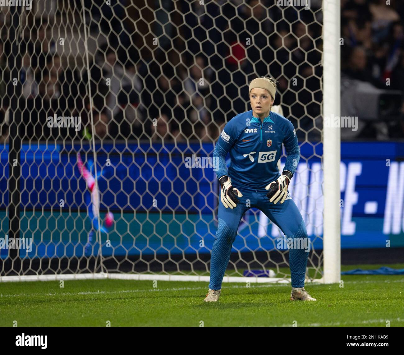 Angers, France. 21st Feb, 2023. Angers, France, February 21th 2023: Goalkeeper Guro Pettersen (1 Norway) during warm-up at the International friendly game between France and Norway at Raymond Kopa Stadium in Angers, France (Ane Frosaker/SPP) Credit: SPP Sport Press Photo. /Alamy Live News Stock Photo