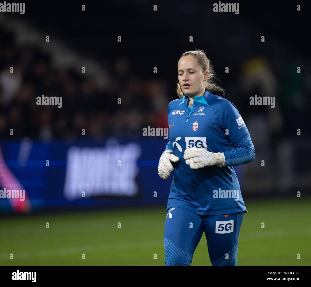 Angers, France. 21st Feb, 2023. Angers, France, February 21th 2023: Goalkepper Aurora Mikalsen (23 Norway) during warm-up at the International friendly game between France and Norway at Raymond Kopa Stadium in Angers, France (Ane Frosaker/SPP) Credit: SPP Sport Press Photo. /Alamy Live News Stock Photo