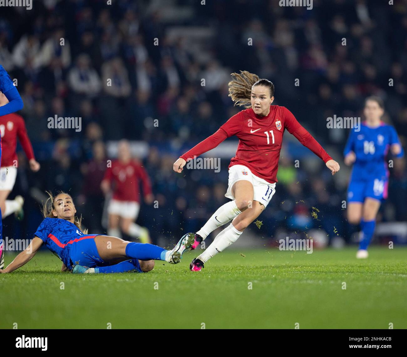 Angers, France. 21st Feb, 2023. Angers, France, February 21th 2023: Guro Reiten (11 Norway) takes a shot at the International friendly game between France and Norway at Raymond Kopa Stadium in Angers, France (Ane Frosaker/SPP) Credit: SPP Sport Press Photo. /Alamy Live News Stock Photo