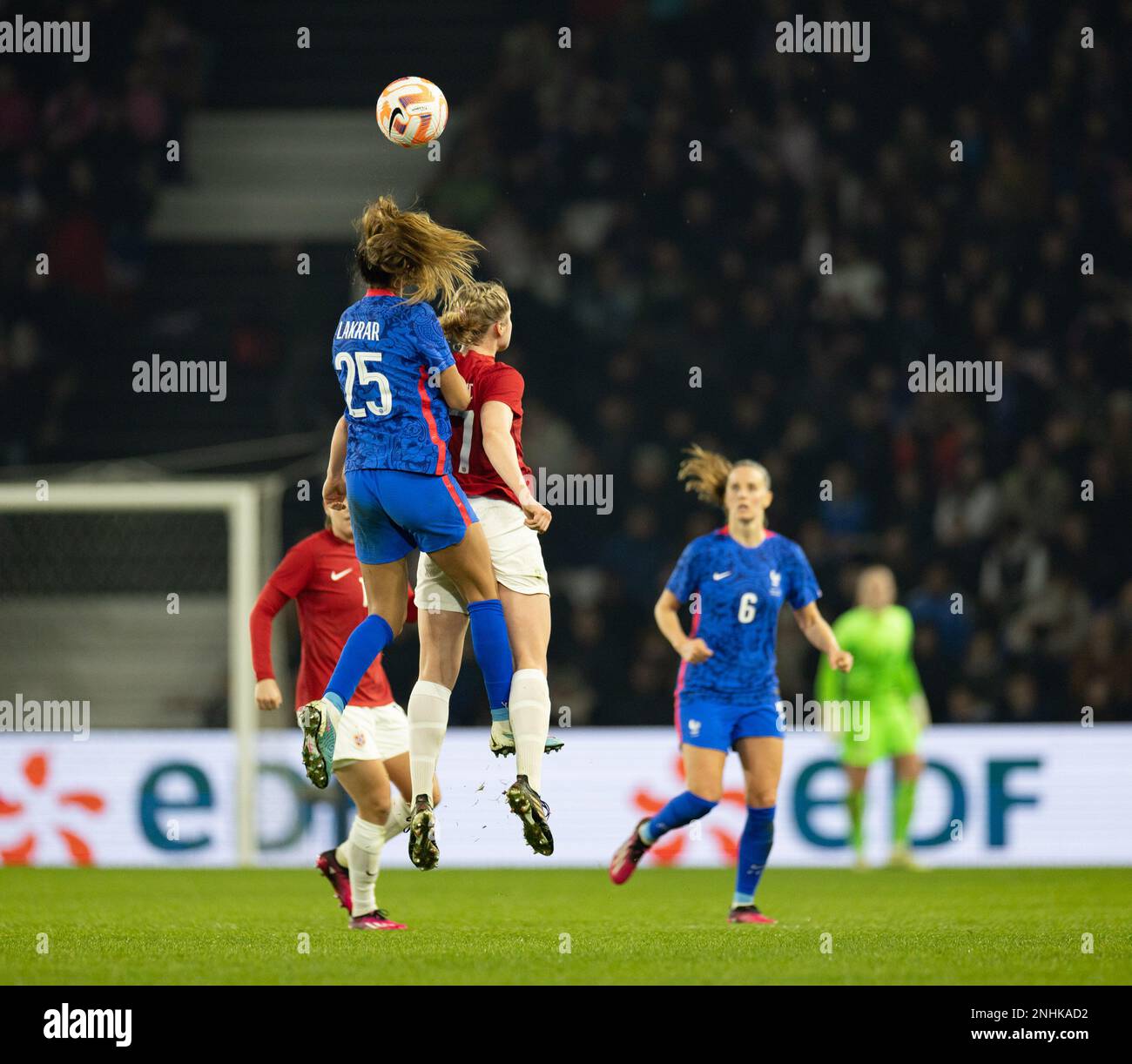 Angers, France. 21st Feb, 2023. Angers, France, February 21th 2023: Maelle Lakrar (25 France) jumps for a header at the International friendly game between France and Norway at Raymond Kopa Stadium in Angers, France (Ane Frosaker/SPP) Credit: SPP Sport Press Photo. /Alamy Live News Stock Photo