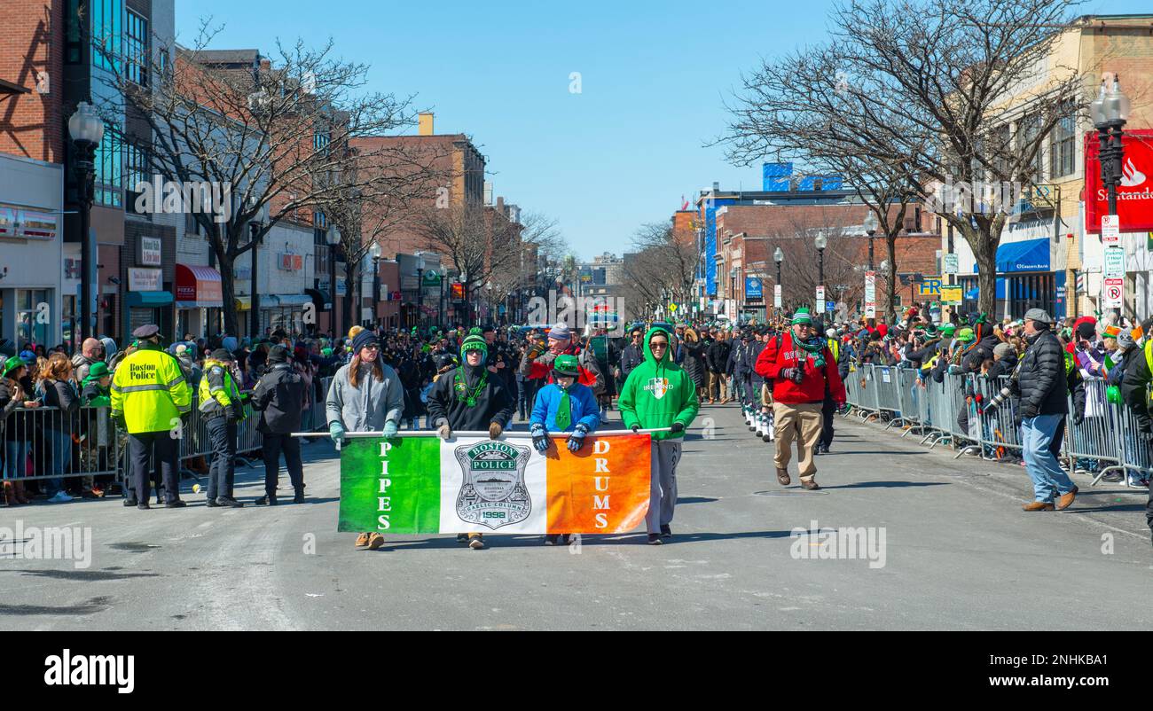 Boston Pipers and Drums band with Highland kilt dress on 2018 Saint