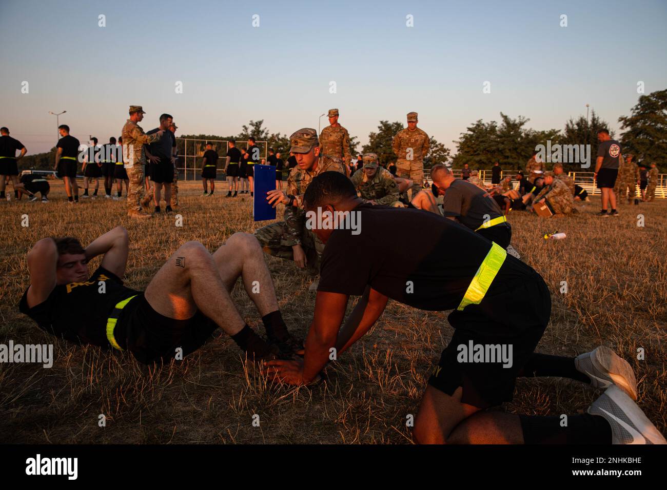 Soldiers assigned to the 2nd Brigade Combat Team 'STRIKE', 101st Airborne Division (Air Assault), conduct an Army Physical Fitness Test to compete for slots for the Expert Infantry Badge and the Expert Soldier Badge on July 30, 2022 at Mihail Kogalniceanu, Romania. As we have for the last 80 years, the 101st Airborne Division (Air Assault) stands ready to deploy anywhere to support and defend the Nation and our allies. Stock Photo