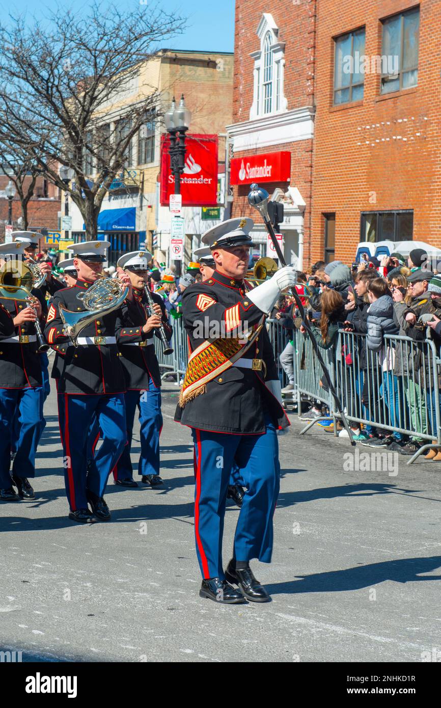 Military Band march on 2018 Saint Patrick's Day Parade in Boston, Massachusetts MA, USA. Stock Photo