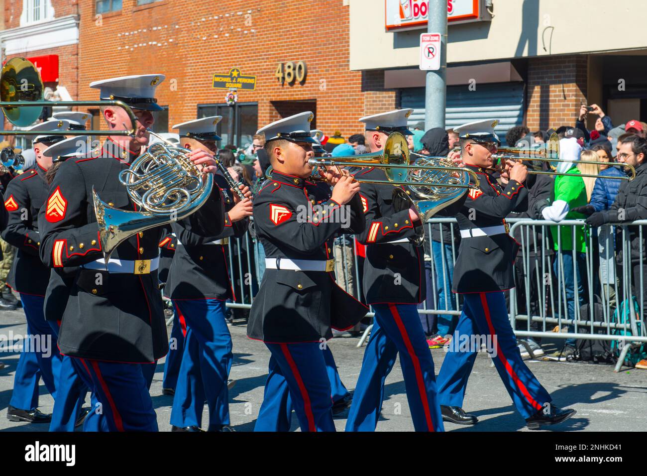 Military Band march on 2018 Saint Patrick's Day Parade in Boston, Massachusetts MA, USA. Stock Photo