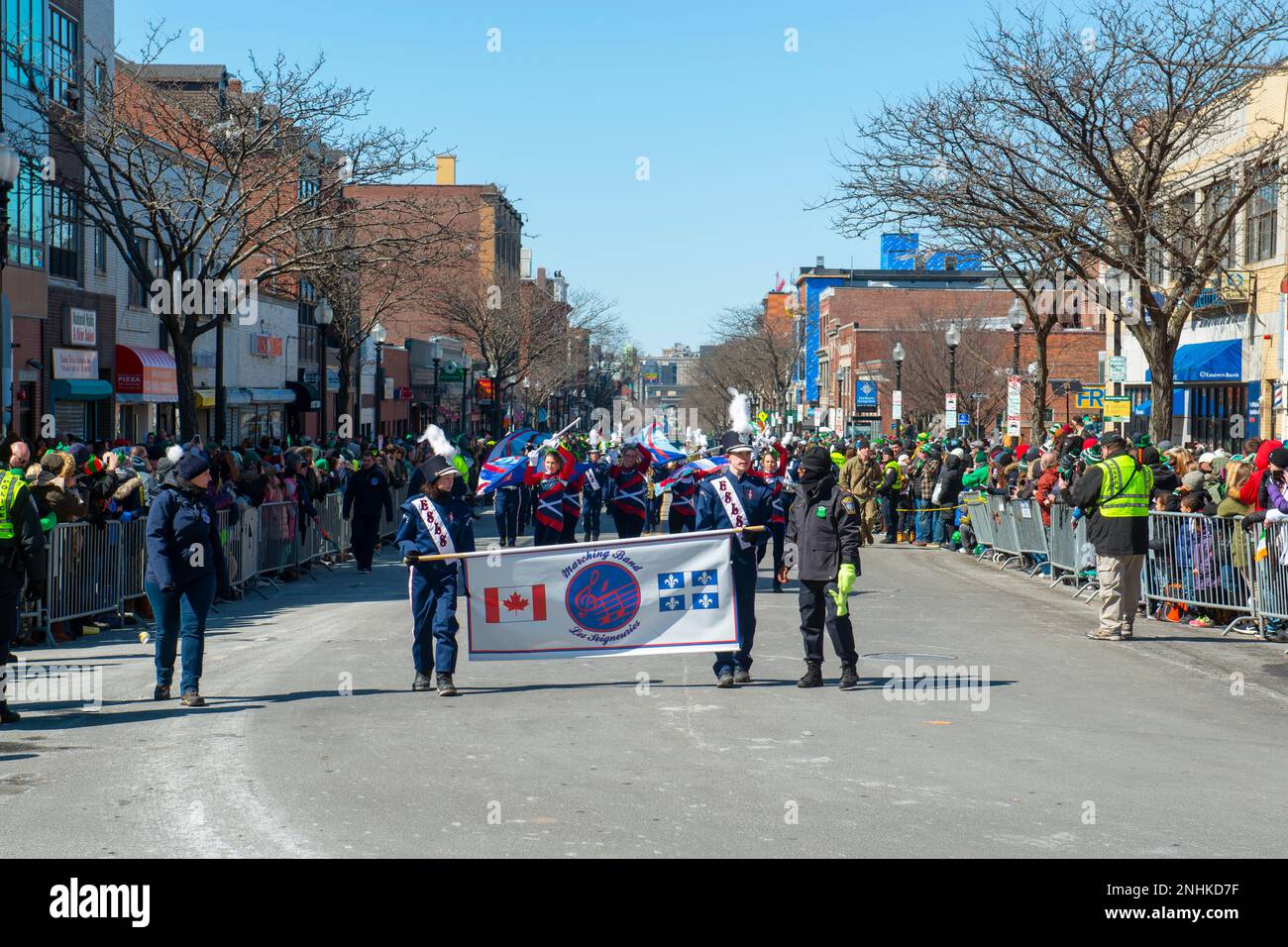 Les Seigneuries Marching Band on 2018 Saint Patrick's Day Parade in Boston, Massachusetts MA, USA. Stock Photo