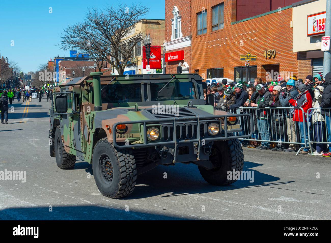 US Army Humvee on 2018 Saint Patrick's Day Parade in Boston, Massachusetts MA, USA. Stock Photo