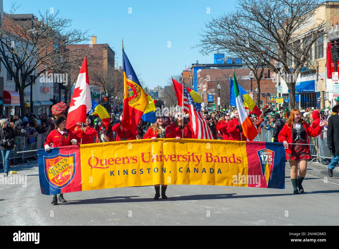 Queen's University Bands March on 2018 Saint Patrick's Day Parade in Boston, Massachusetts MA, USA. Stock Photo
