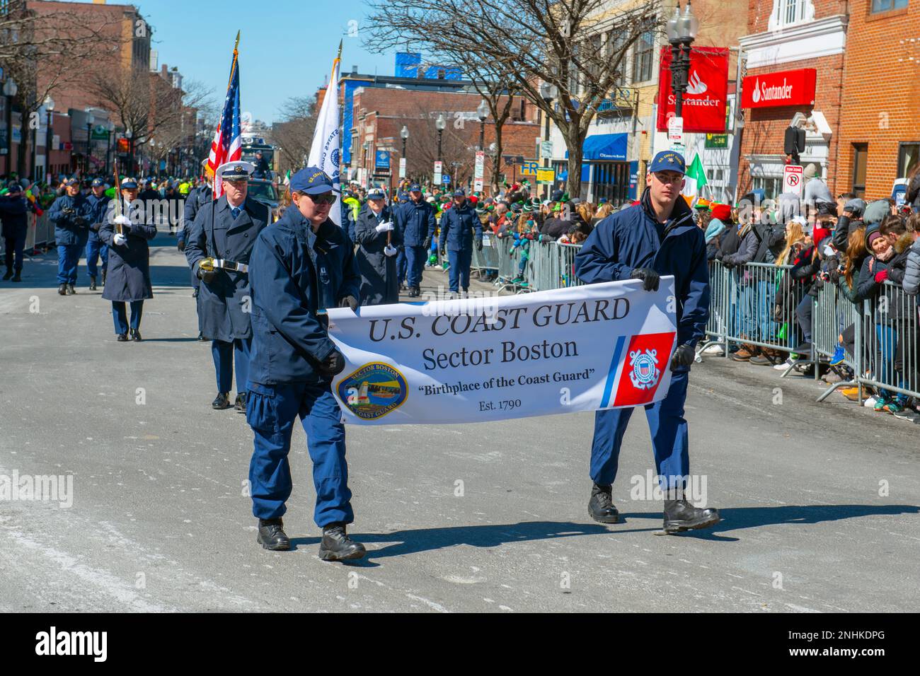 US Coast Guard march on 2018 Saint Patrick's Day Parade in Boston, Massachusetts MA, USA. Stock Photo