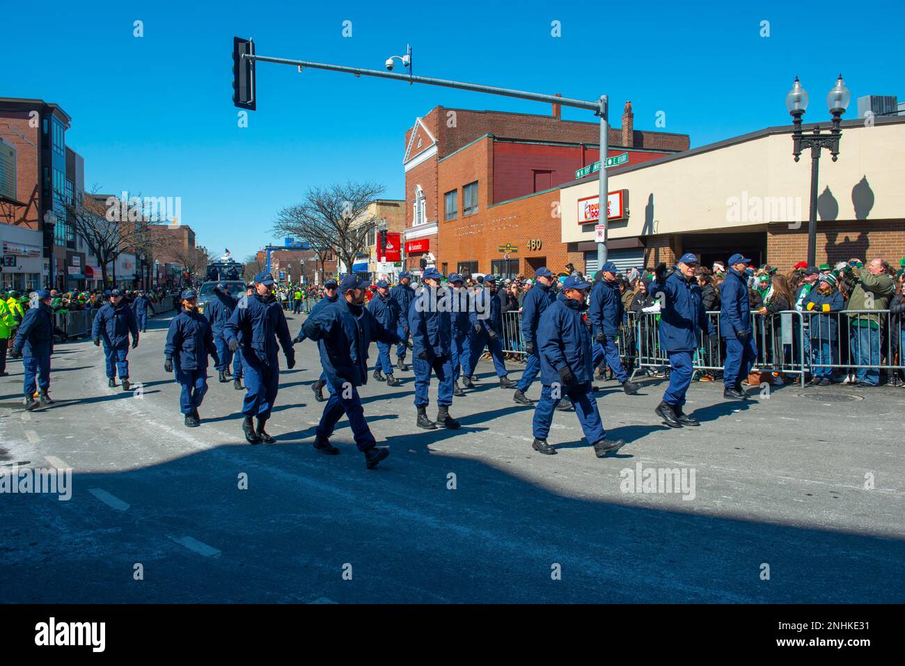 US Coast Guard march on 2018 Saint Patrick's Day Parade in Boston, Massachusetts MA, USA. Stock Photo