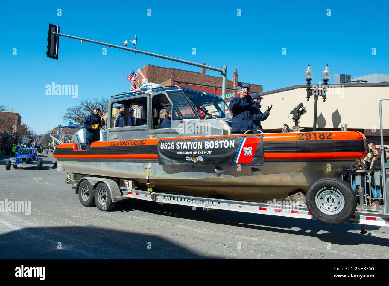 US Coast Guard boat on 2018 Saint Patrick's Day Parade in Boston, Massachusetts MA, USA. Stock Photo
