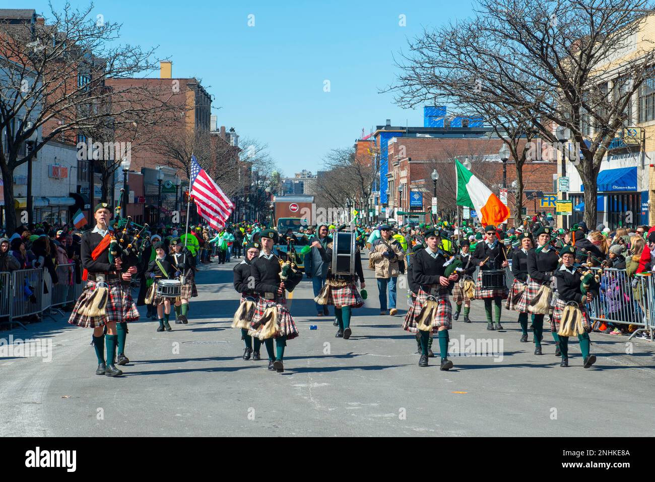 Scottish bagpiper band with Highland kilt dress on 2018 Saint Patrick's Day Parade in Boston, Massachusetts MA, USA. Stock Photo
