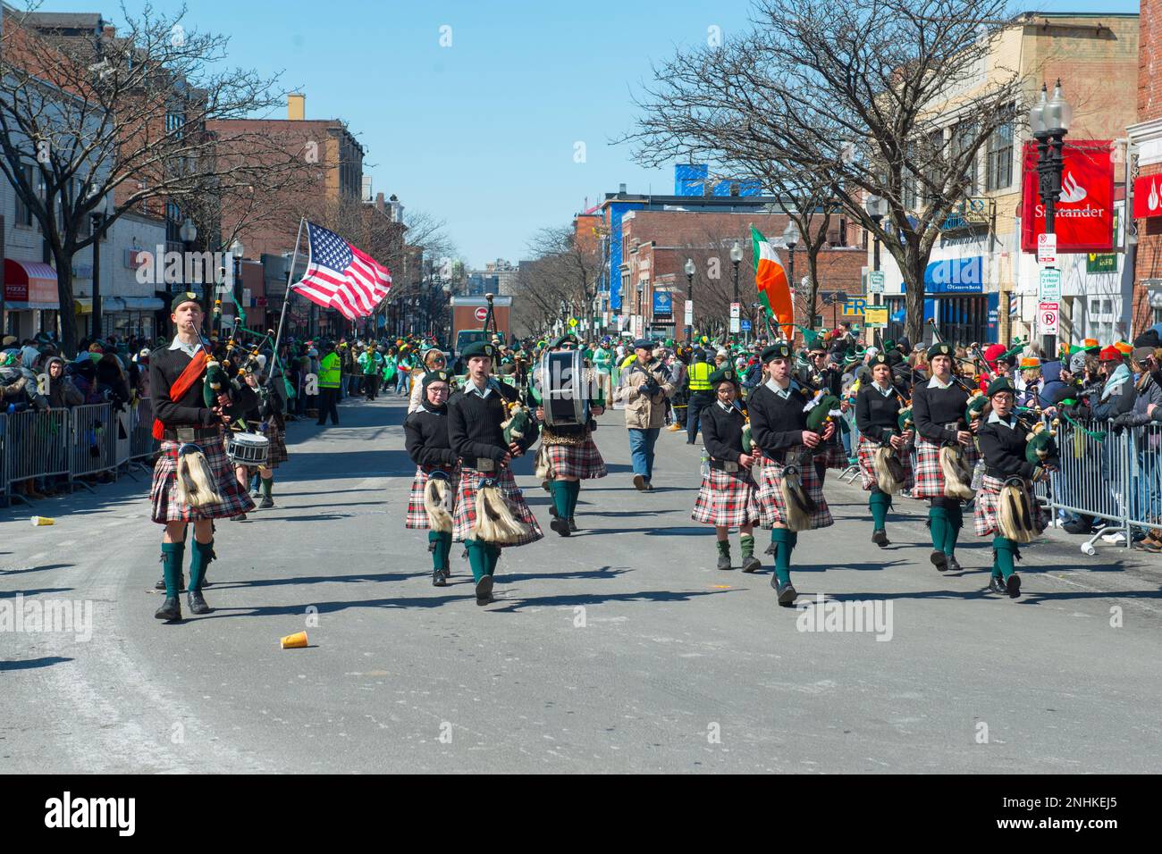 Scottish bagpiper band with Highland kilt dress on 2018 Saint Patrick's Day Parade in Boston, Massachusetts MA, USA. Stock Photo