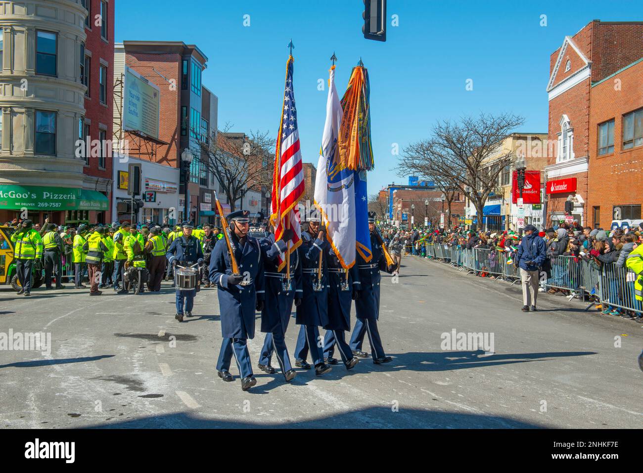 US Air Force Honor Guard March in Saint Patrick's Day Parade in Boston, Massachusetts MA, USA. Stock Photo