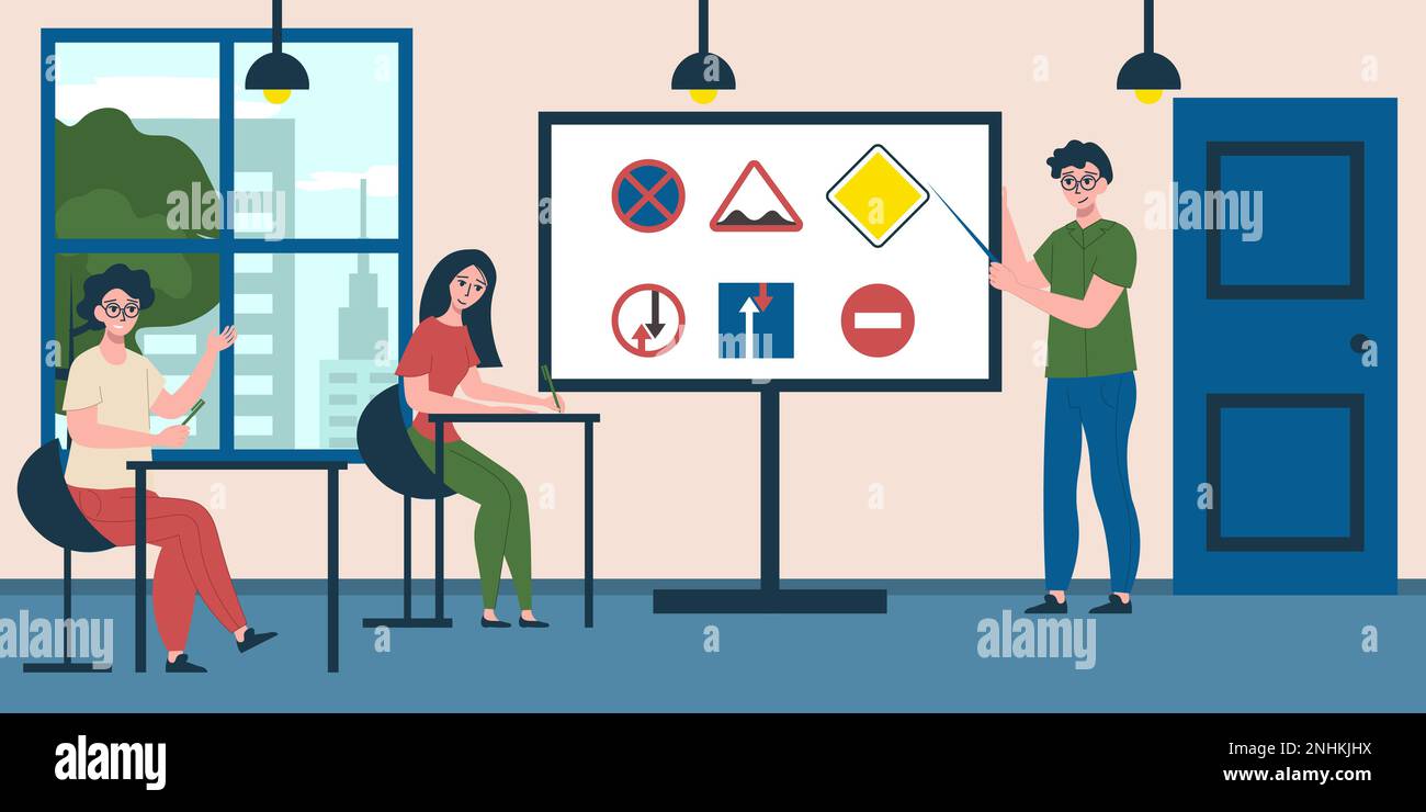 Driving school flat concept with students learning traffic signs in