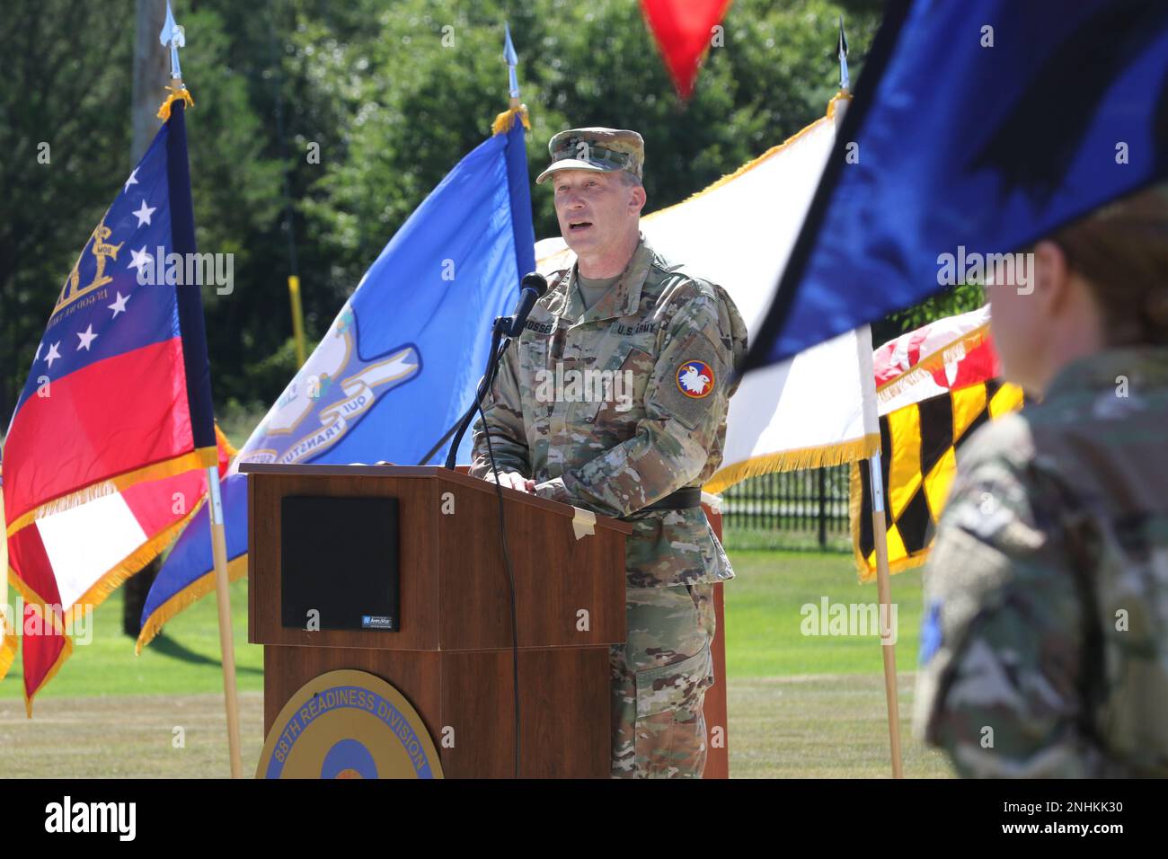 Army Reserve Maj. Gen. Gregory Mosser, deputy commanding general, U.S. Army Reserve Command, presides over the 88th Readiness Division Change of Command Ceremony at Veterans Memorial Park, Fort McCoy, Wis., July 30. 2022. Stock Photo