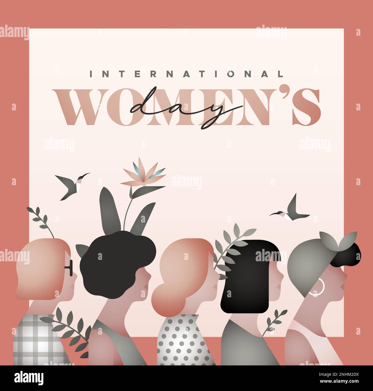 Happy Women Day greeting card illustration. Diverse young woman group ...