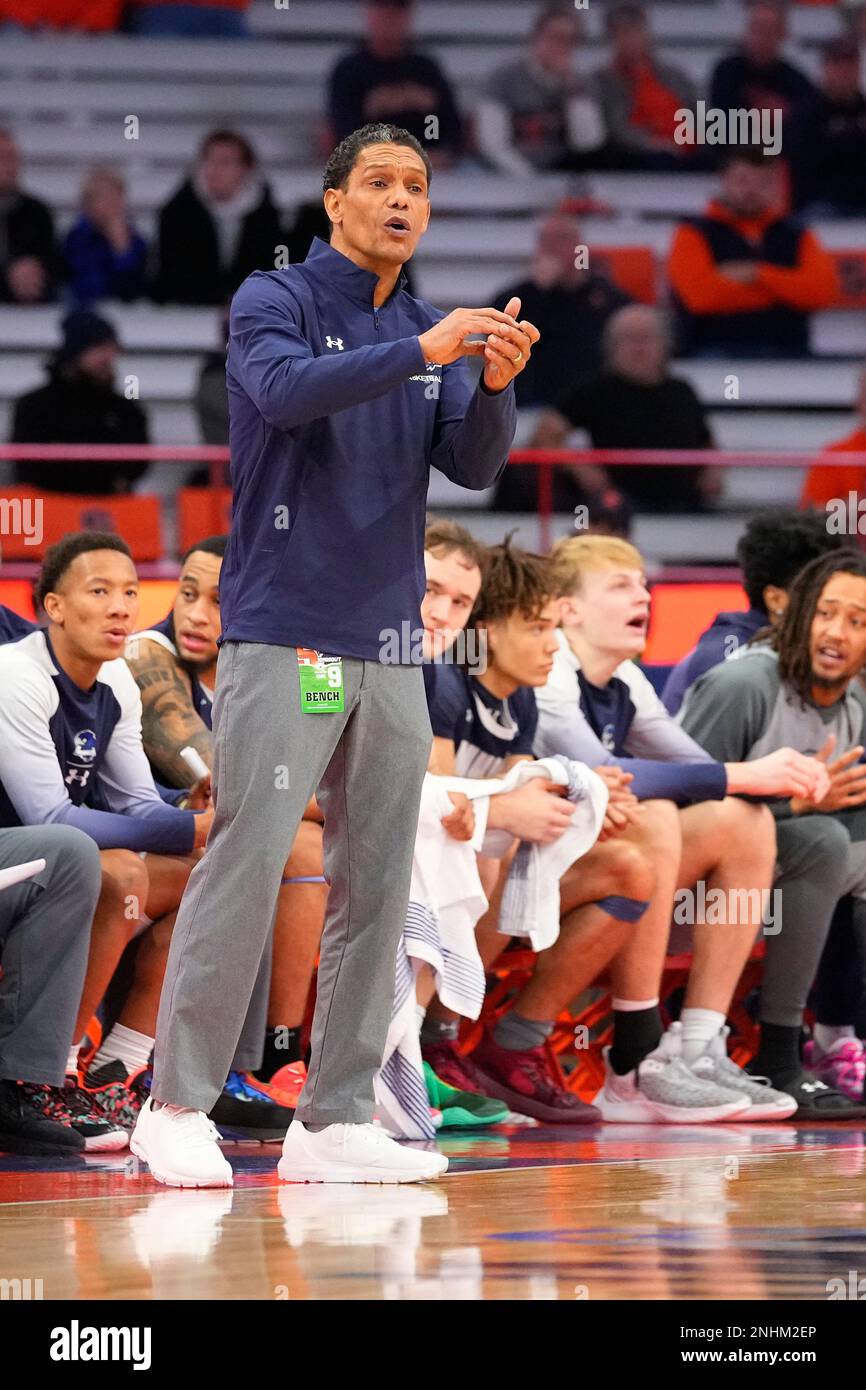 SYRACUSE, NY - DECEMBER 12: Monmouth Hawks Head Coach King Rice speaks ...