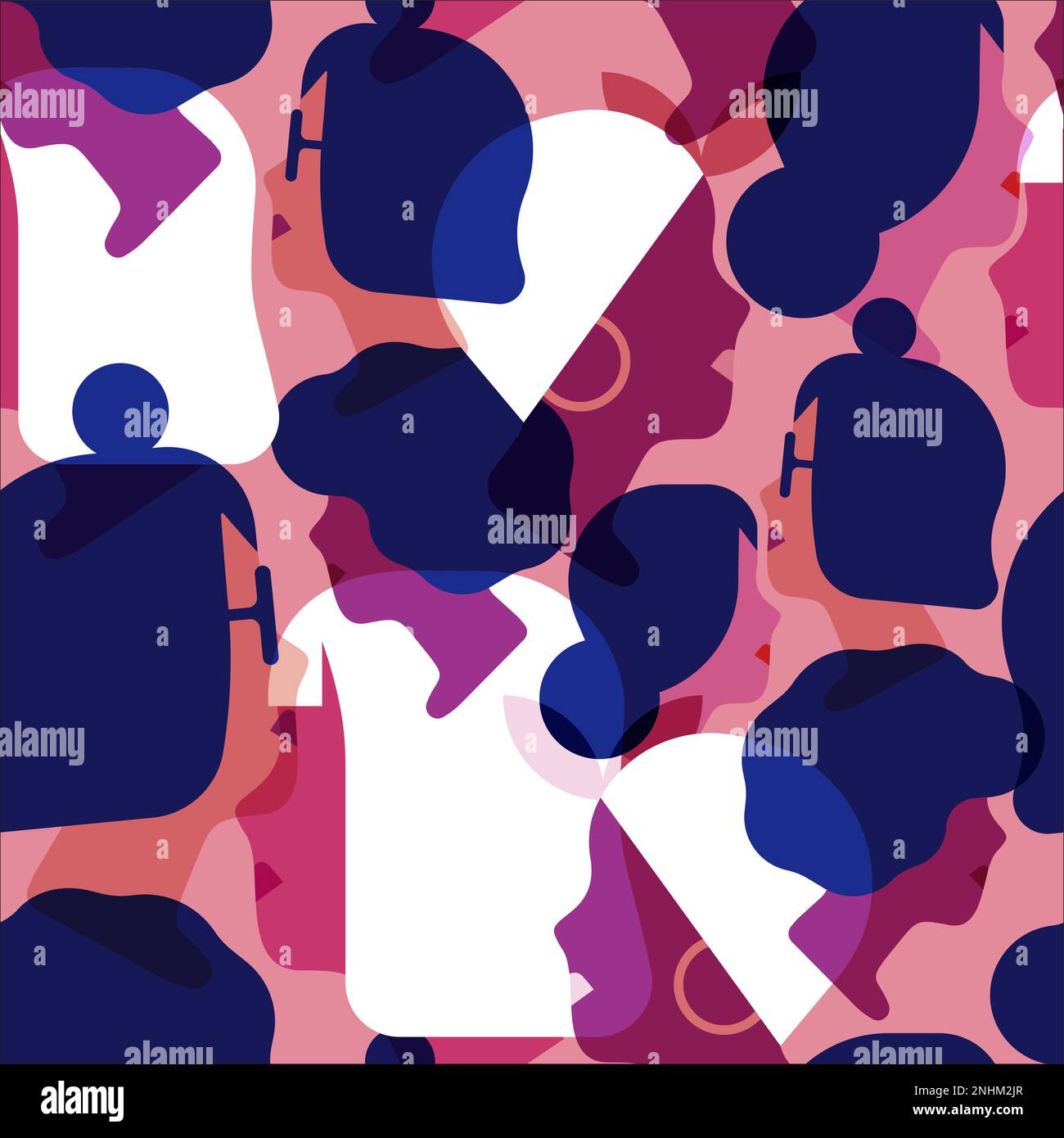 Face of diverse ethnic women, profile silhouettes in transparent colors seamless pattern background. Different ethnicity woman face in minimalist styl Stock Vector