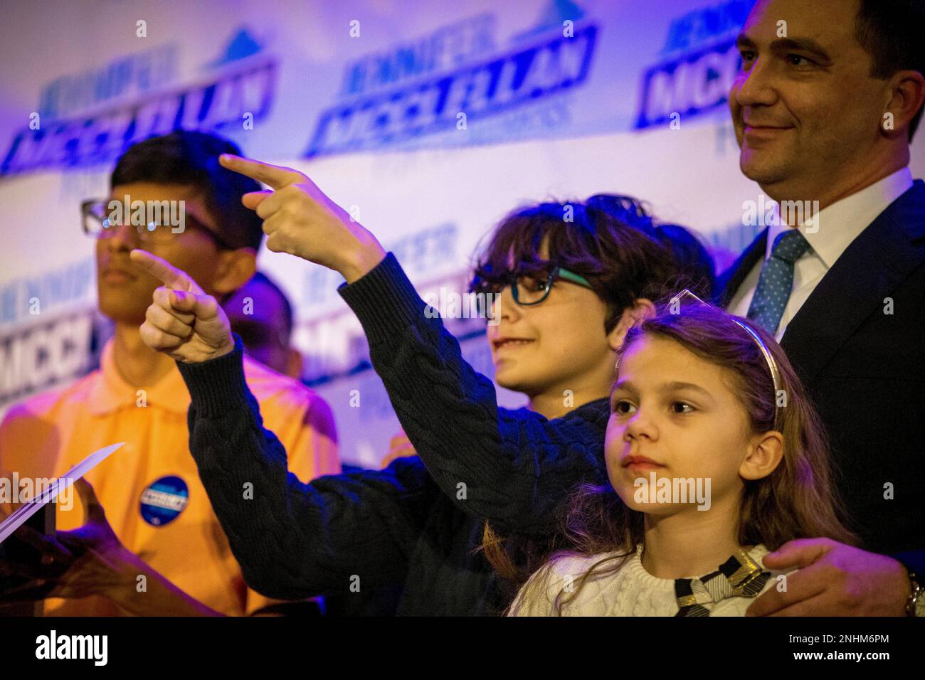Jackson Mills points to his mom, Congresswomanelect Jennifer McClellan