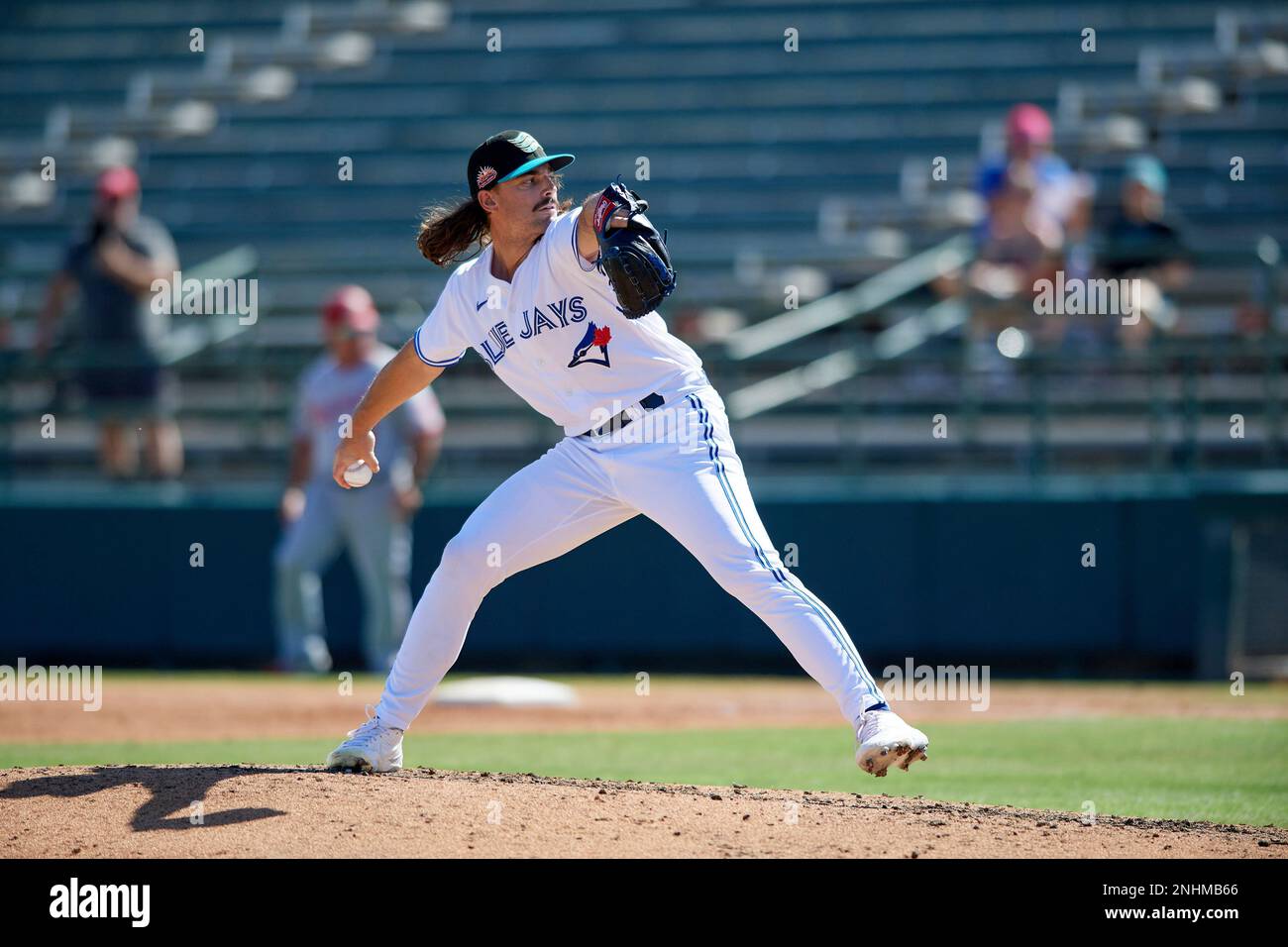 Salt River Rafters pitcher Hagen Danner (57) (Toronto Blue Jays) of the Salt River Rafters during an Arizona Fall League game against the Peoria Javelinas on October 22, 2022 at Phoenix Municipal
