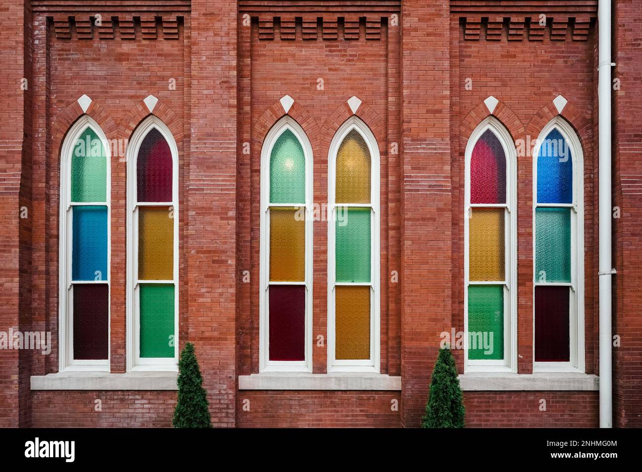 colorful stained glass windows at Ryman Auditorium, a popular and