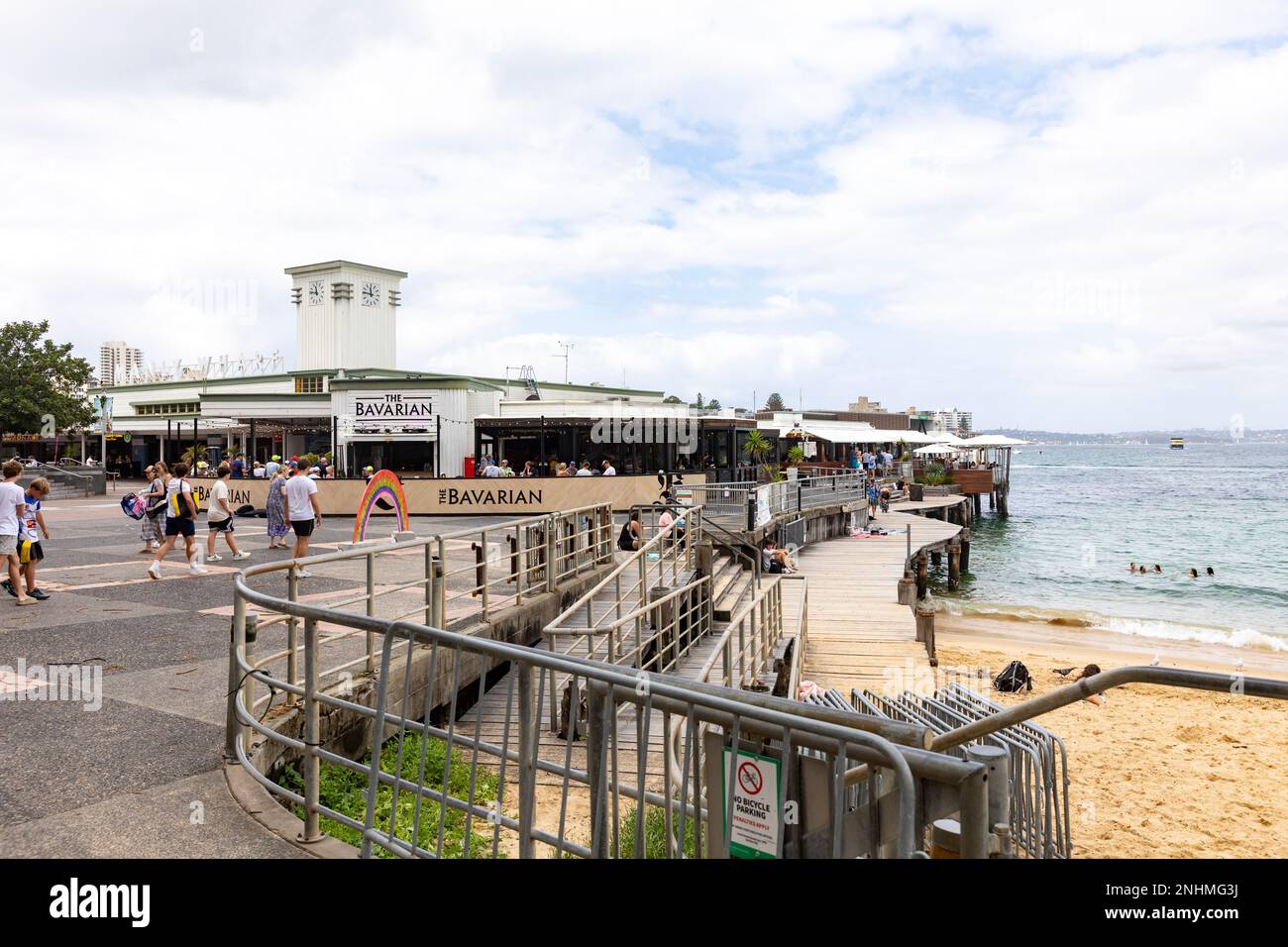 Manly Wharf in Sydney, restaurants and bars and ferry wharf for ferries, including Bavarian beer cafe restaurant,Sydney,Australia Stock Photo