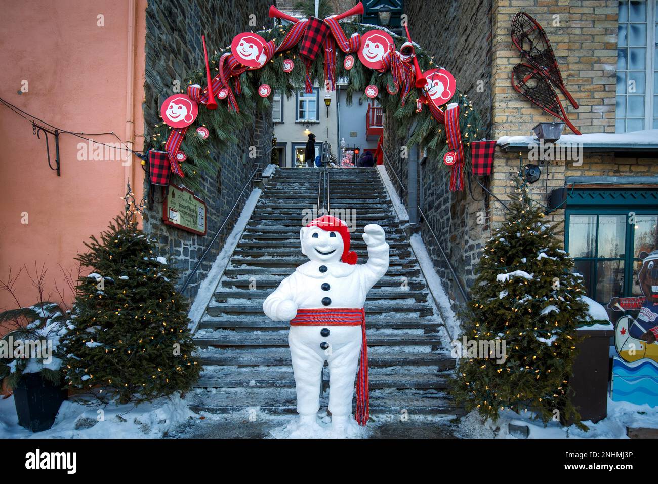 Quebec, Canada : This is the famous King of the Quebec Winter Carnival, a snowman mascot loved by everyone and named Bonhomme Carnaval. Stock Photo