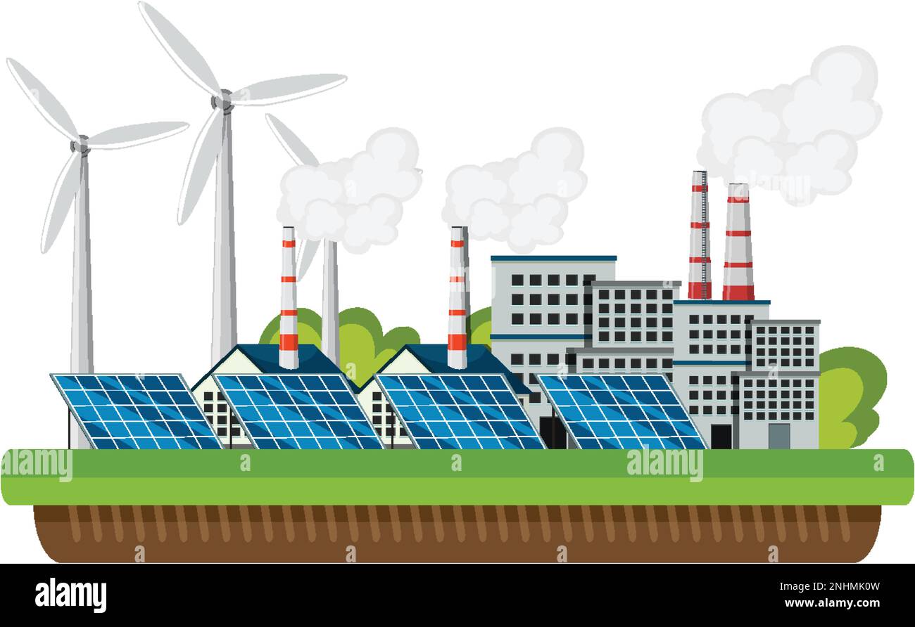 Green energy concept with solar panels and wind turbines illustration ...