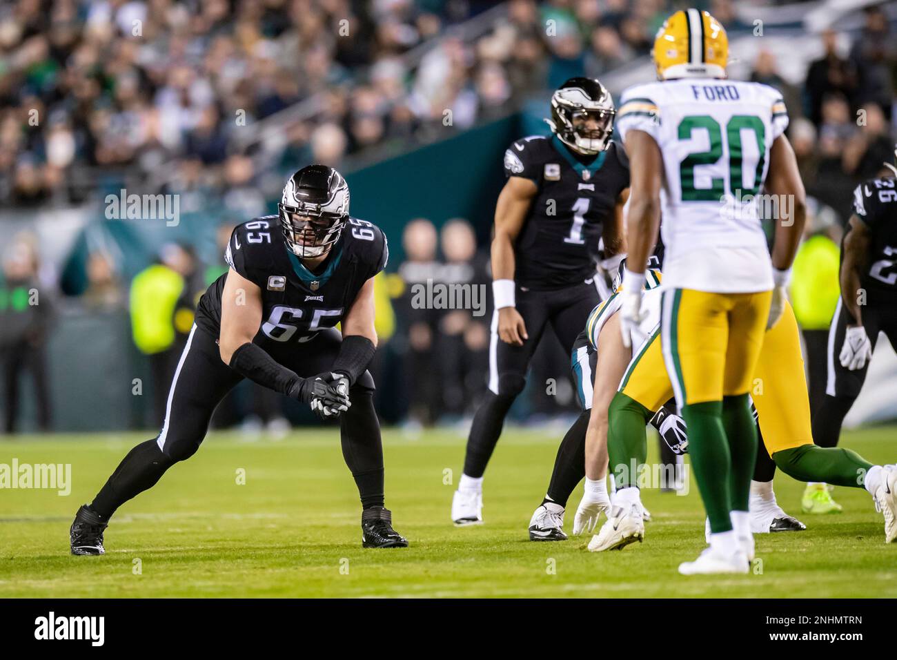 PHILADELPHIA, PA - NOVEMBER 27: Philadelphia Eagles offensive tackle Lane  Johnson (65) during the National Football League game between the Green Bay  Packers and Philadelphia Eagles on November 27, 2022 at Lincoln