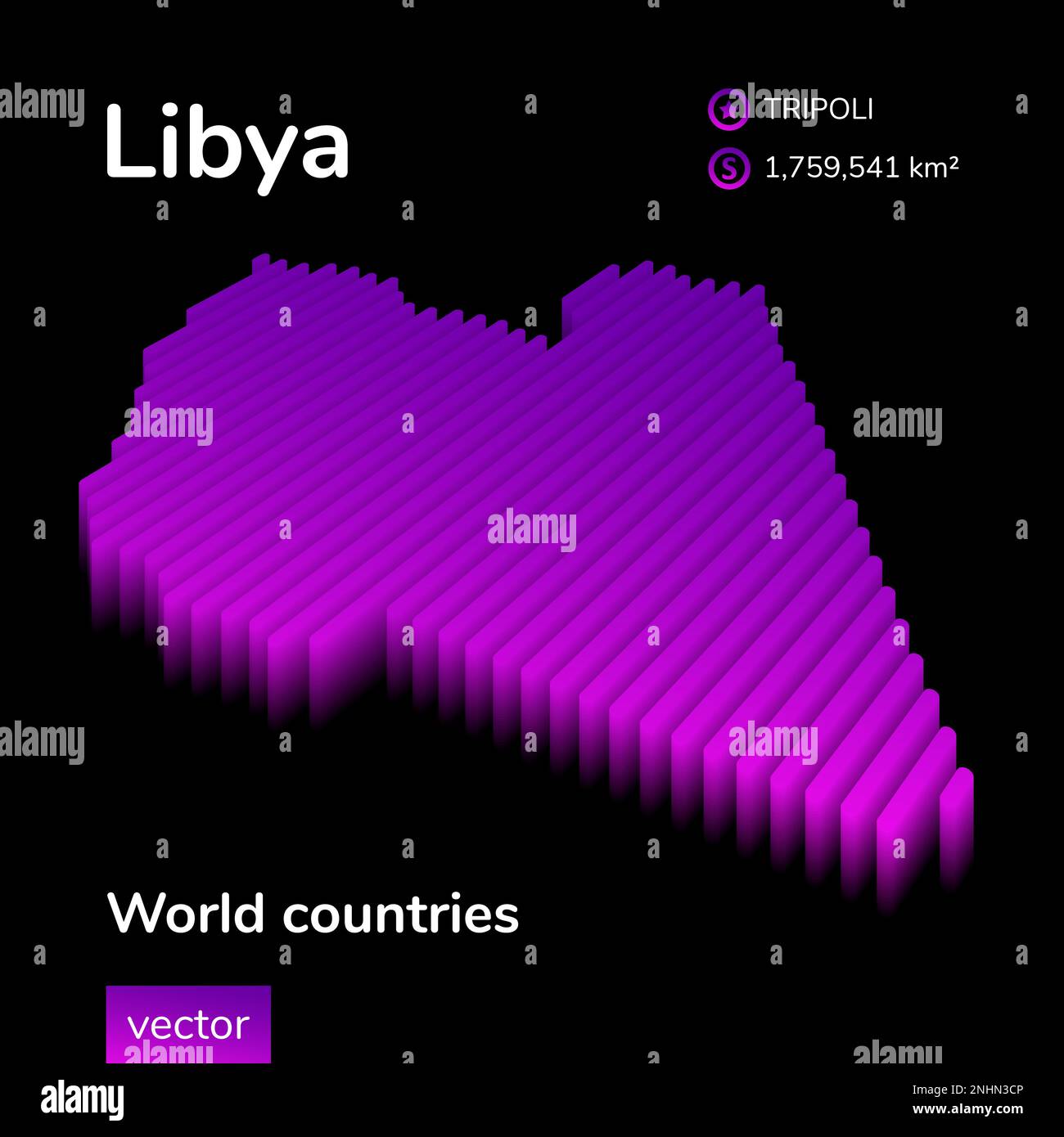 Vector Libya 3D map in violet colors on black background. Isometric map illustration. Striped vector map icon. Stock Vector