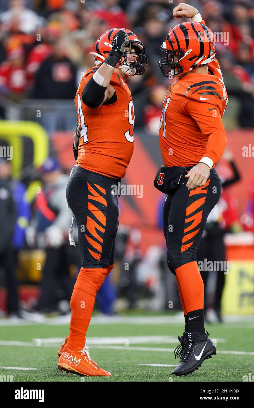 Cincinnati Bengals defensive end Sam Hubbard (94) celebrates with Trey  Hendrickson, right, after making a sack during an NFL football game against  the Kansas City Chiefs, Sunday, Dec. 4, 2022, in Cincinnati. (