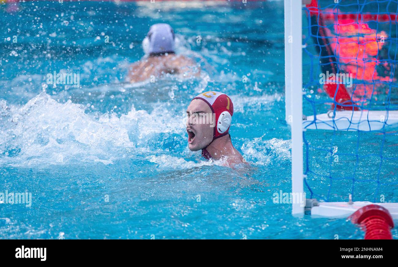BERKELEY, CA - DECEMBER 04: USC's Garrett Allen (1) celebrates a stop during the National Collegiate Men's Water Polo Championship between USC and Cal on December 4, 2022, at Spieker Aquatics Complex, in Berkeley, CA. (Photo by Tony Ding/Icon Sportswire) (Icon Sportswire via AP Images) Stock Photo